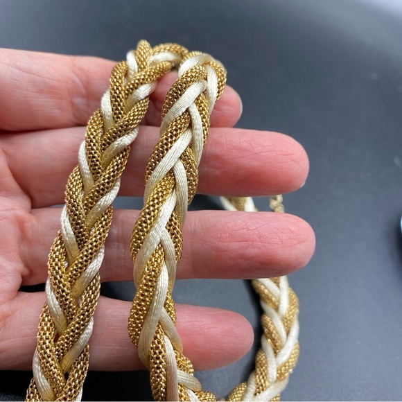 Mesh Chain Satin Braid Gold Tone Necklace - Picture 6 of 7